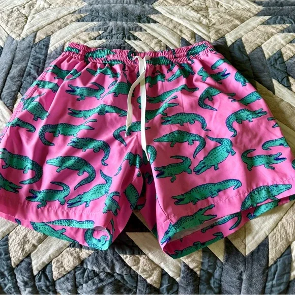 Chubbies Pink and Green Alligator Print Lined Swim Trunks